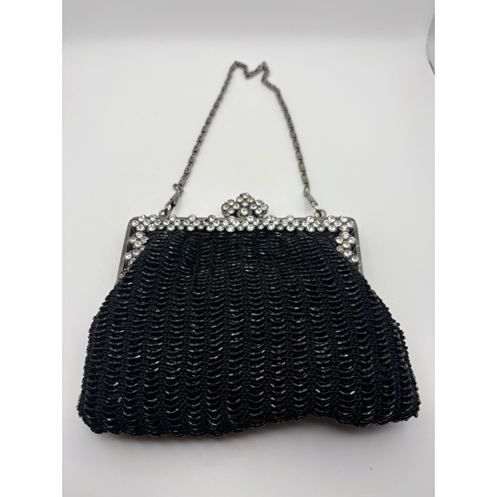 Vtg Black Beaded Evening Bag Rhinestone Frame‎ Kiss Lock Clutch Gunmetal Chain